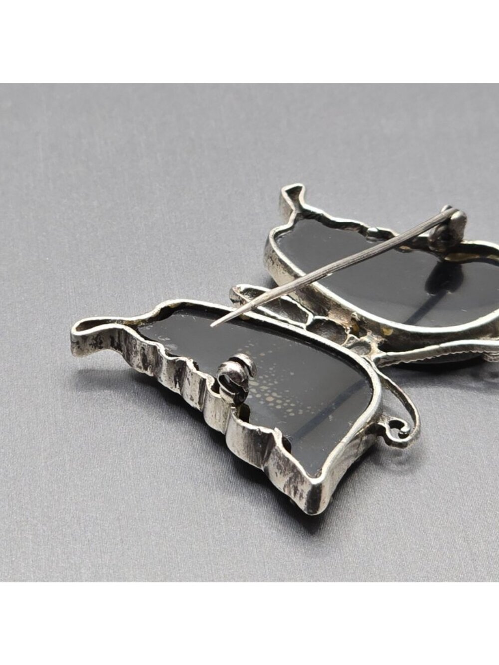Vintage Sterling Silver Butterfly Brooch 2" Onyx Wings Marcasite Statement Piece - Picture 4 of 11